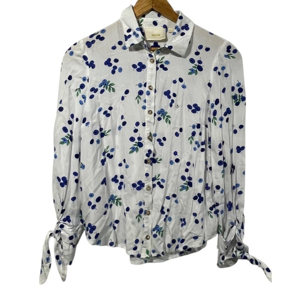 Anthropologie MAEVE Blithe Button Up Shirt Blueberry Print Tie Sleeves Sz 4 - Picture 2 of 10